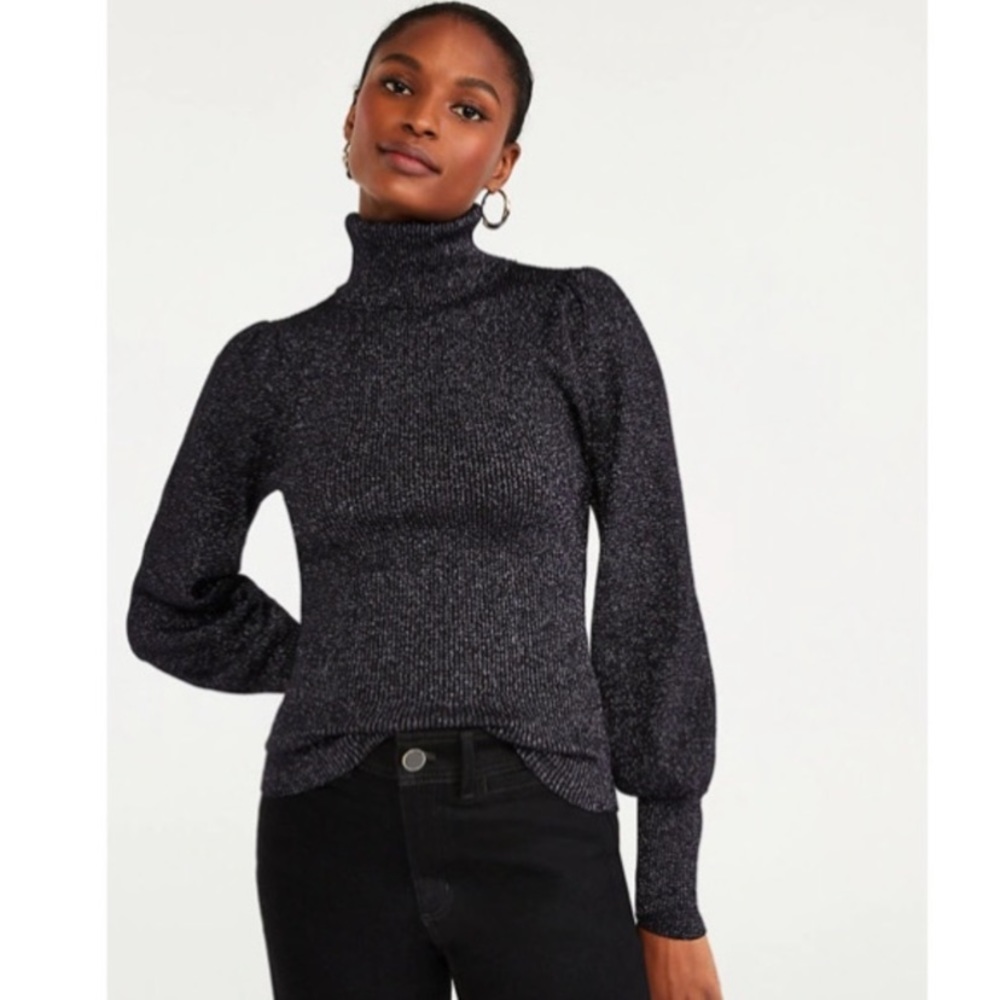 ANN TAYLOR petite shimmer puff sleeve turtleneck sweater